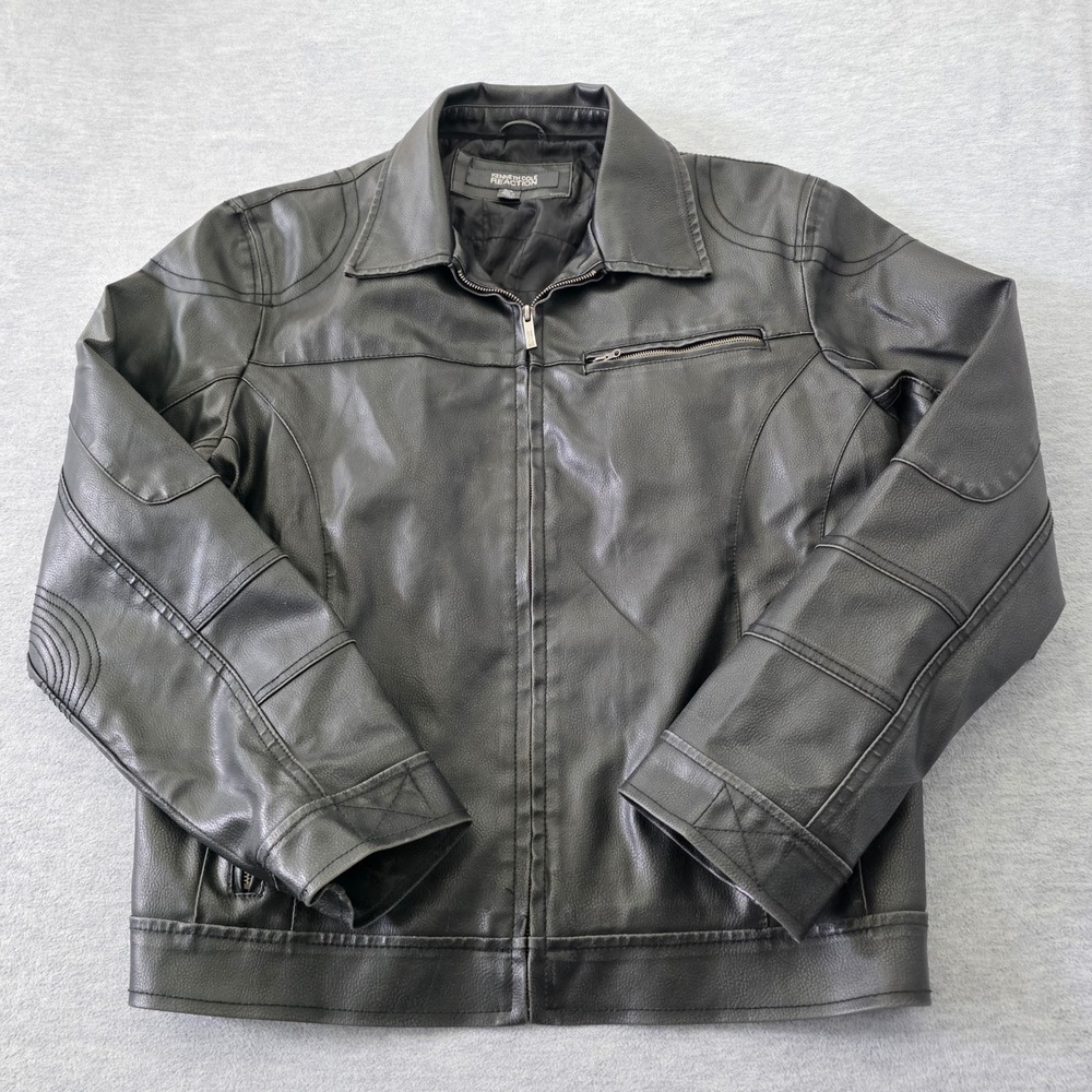Kenneth Cole Reaction Mens Black Faux Leather Moto Jacket Large Zip Up Quilted
